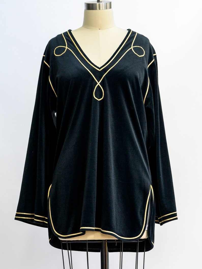 Vintage Bill Tice velvet tunic from the 1980s. Stunning black tunic with gold piping. Luxurious and soft. Wear with leggings for a chic look image 4
