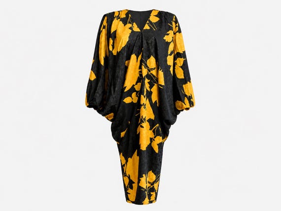 1980s Siasia Batwing Caftan-style Dress | Black and Gold Floral Satin | Will Fit Size Small - Large