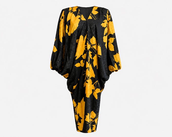 1980s Siasia Batwing Caftan-style Dress | Black and Gold Floral Satin | Will Fit Size Small - Large