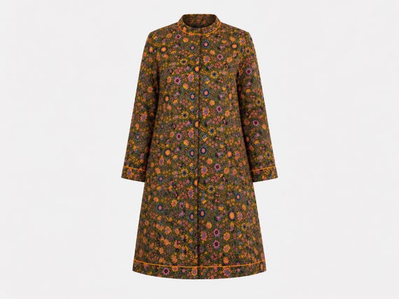 1970s Loungees Midi House Coat | Quilted Floral  Cotton with Pockets | Will Fit Medium