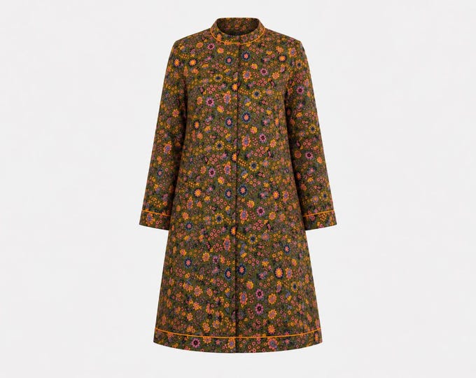 1970s Loungees Midi House Coat | Quilted Floral  Cotton with Pockets | Will Fit Medium