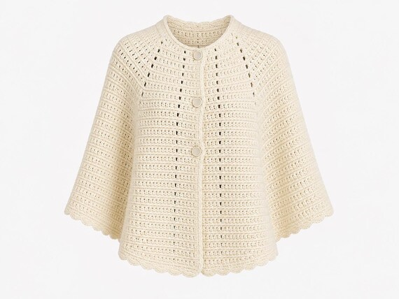 1950s Mini Poncho | Ivory Knit Wool Blend Fabric | Wedding Shrug | OSFA