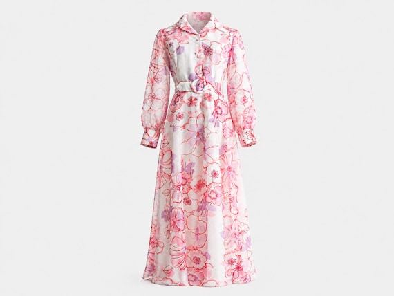 1970s Coco California Chiffon Midi Shirt Dress | Pink and Red Floral | Size Medium