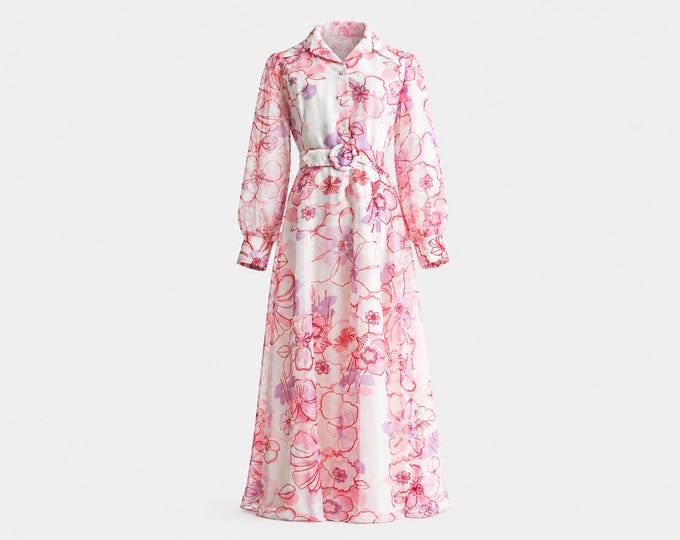 1970s Coco California Chiffon Midi Shirt Dress | Pink and Red Floral | Size Medium