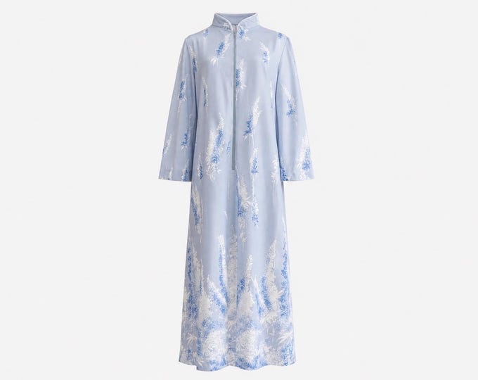 1980s David Brown California Maxi Dress | Blue and White Floral Fabric | Size Medium