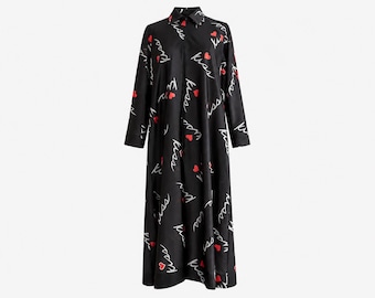 1980s Black Kiss Heart Print Maxi Dress | Lips and Kiss Fabric | Will Fit Small and Medium