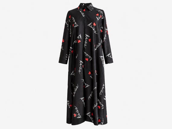 1980s Black Kiss Heart Print Maxi Dress | Lips and Kiss Fabric | Will Fit Small and Medium