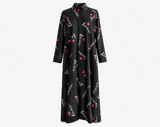 1980s Black Kiss Heart Print Maxi Dress | Lips and Kiss Fabric | Will Fit Small and Medium