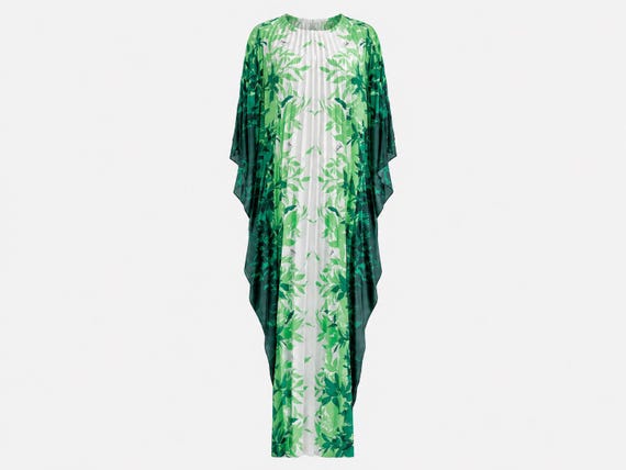 1970s Royal Creations Pleated Caftan Maxi Dress | Green Aloha Print | OSFA