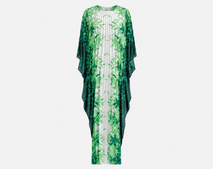 1970s Royal Creations Pleated Caftan Maxi Dress | Green Aloha Print | OSFA