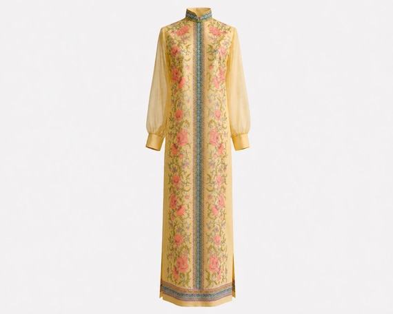 1960s Alfred Shaheen Cheongsam Maxi Dress | Sheer Sleeves | Signed Yellow Floral Fabric | Size 8