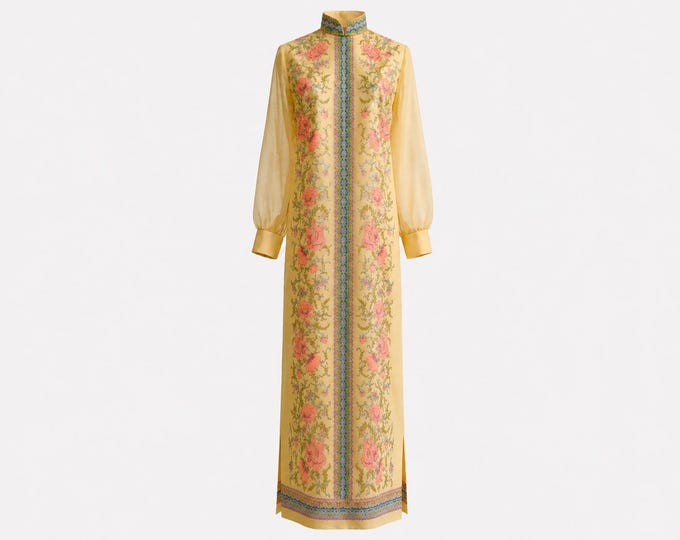 1960s Alfred Shaheen Cheongsam Maxi Dress | Sheer Sleeves | Signed Yellow Floral Fabric | Size 8