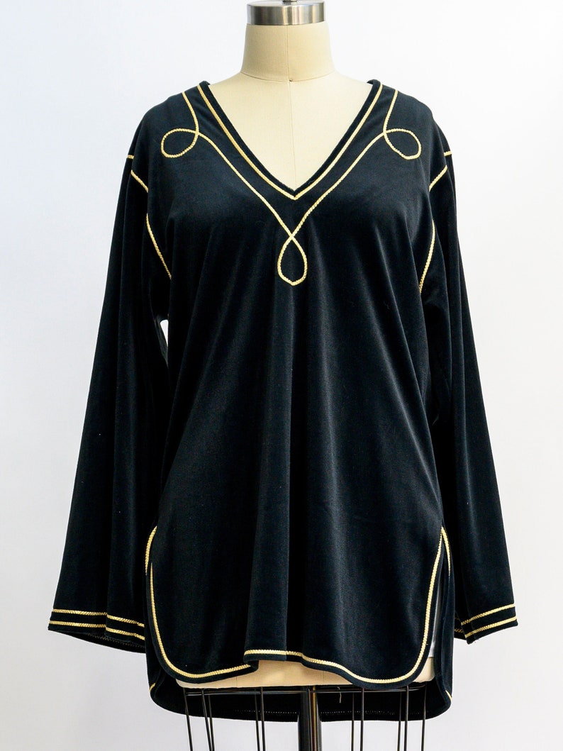 Vintage Bill Tice velvet tunic from the 1980s. Stunning black tunic with gold piping. Luxurious and soft. Wear with leggings for a chic look image 2