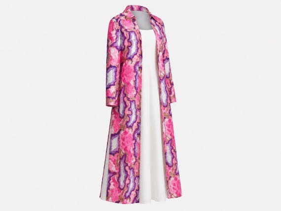 1960s Marshall Rousso 2 Piece Satin Maxi Dress & Duster Coat | White Dress and Psychedelic Print Coat | Size Medium