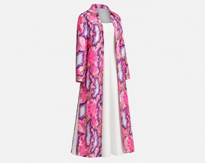 1960s Marshall Rousso 2 Piece Satin Maxi Dress & Duster Coat | White Dress and Psychedelic Print Coat | Size Medium