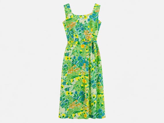 1970s Seawaves Mini Sundress | Green Botanical Print | Will Fit Size Medium