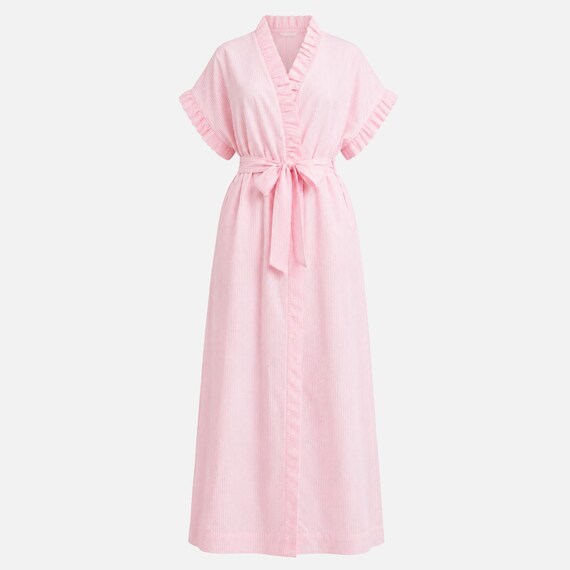 1980s David Brown Maxi Robe | Pink and White Cotton Seersucker | Size Large