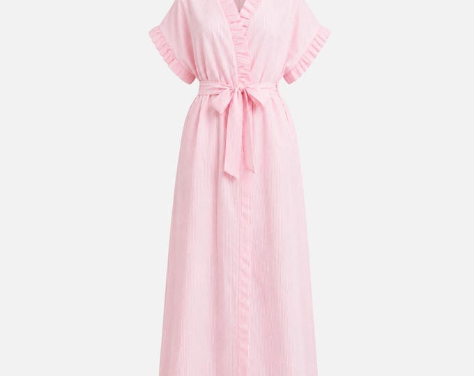 1980s David Brown Maxi Robe | Pink and White Cotton Seersucker | Size Large