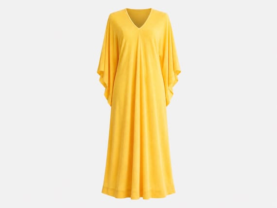 1970s Evelyn Pearson Yellow Terrycloth Maxi Dress with Angel Sleeves | Beach Coverup | Size Small
