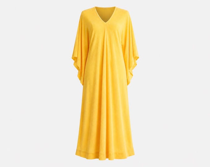 1970s Evelyn Pearson Yellow Terrycloth Maxi Dress with Angel Sleeves | Beach Coverup | Size Small