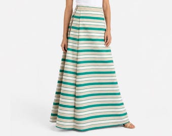 1960s Adolfo for Saks Fifth Avenue Museum Quality Raw Silk Ball Skirt | Green and White Striped Dupioni | Will Fit Large and Extra-large