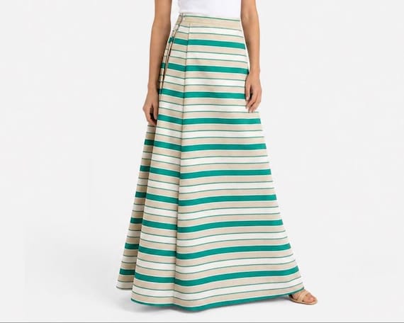 1960s Adolfo for Saks Fifth Avenue Museum Quality Raw Silk Ball Skirt | Green and White Striped Dupioni | Will Fit Large and Extra-large