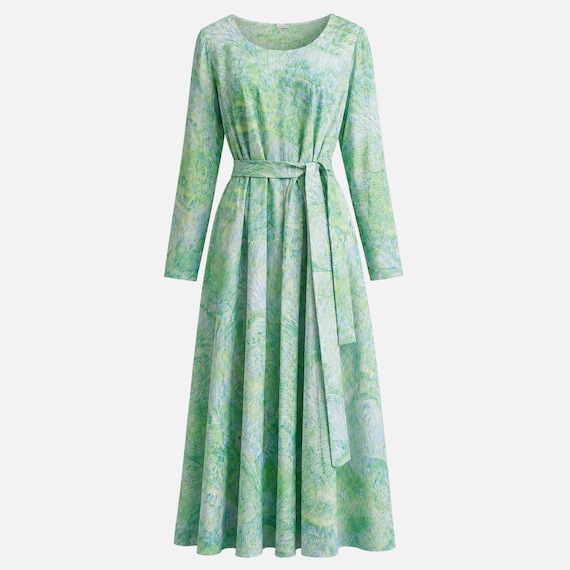 1970s Lord & Taylor Day Dress | Green and Blue Abstract Floral | Will Fit Small/medium
