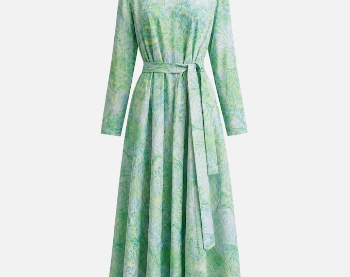 1970s Lord & Taylor Day Dress | Green and Blue Abstract Floral | Will Fit Small/medium