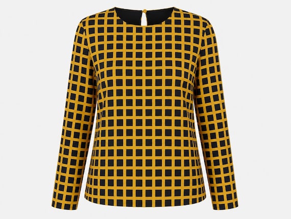 1980s Guy Laroche Blouse | Silk Navy and Gold Geometric Print | Will Fit Small, Medium