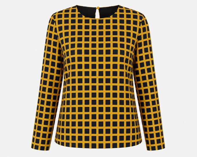 1980s Guy Laroche Blouse | Silk Navy and Gold Geometric Print | Will Fit Small, Medium