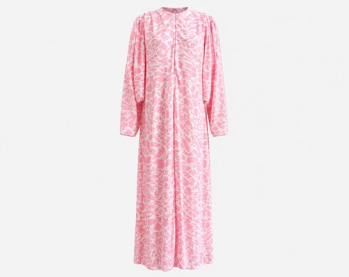 1980s David Brown California Maxi Dress with Draped Sleeves | Pink Floral with Angel Sleeves | Size Medium