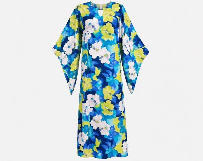 1970s Hawaiian Maxi Dress with Kimono Sleeves | Tropical Hibiscus Print | Will Fit Small, Medium