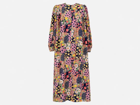 1980s David Brown for Saks Fifth Avenue Maxi Dress | Floral Plissé Pleats Sleeves | Size Extra-small (Will aAso Fit Small and Medium)