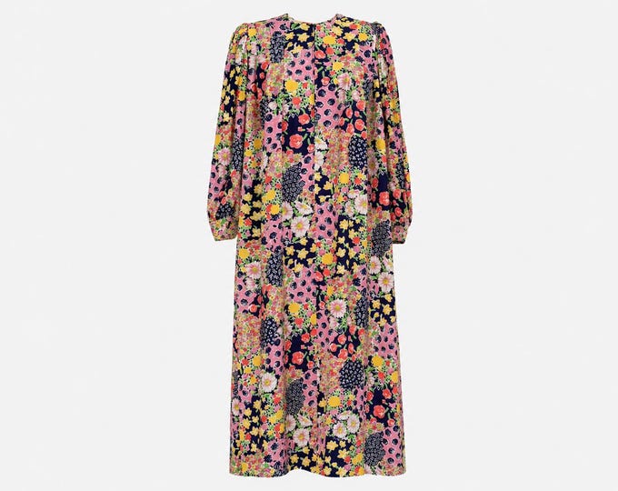 1980s David Brown for Saks Fifth Avenue Maxi Dress | Floral Plissé Pleats Sleeves | Size Extra-small (Will aAso Fit Small and Medium)