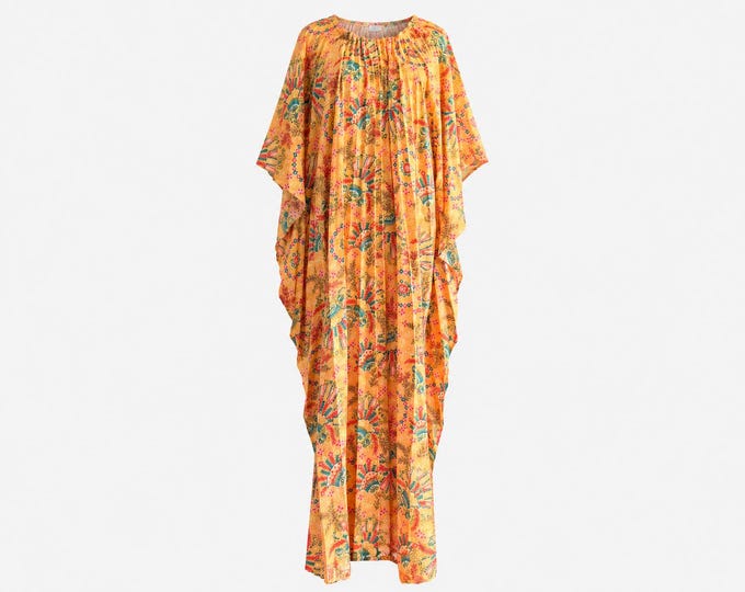 1960s Pleated Caftan Maxi Dress | Marigold Floral Fabric | OSFA