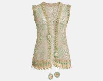 1970s Gold Thread Crochet and Green Beaded Vest | Metallic Festival | Will Fit Extra Small