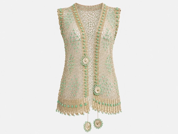 1970s Gold Thread Crochet and Green Beaded Vest | Metallic Festival | Will Fit Extra Small