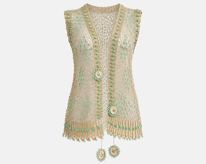 1970s Gold Thread Crochet and Green Beaded Vest | Metallic Festival | Will Fit Extra Small