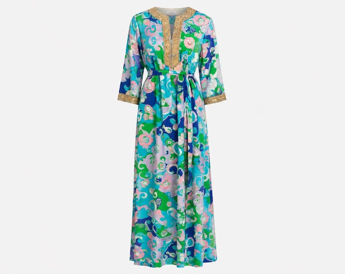 1960s Fenwick of Bond Street Archival Caftan-style Maxi Dress | Psychedelic Cotton Fabric With Gold Brocade Trim | Will Fit Medium, Large