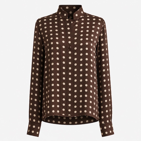 1980s Carlisle Blouse | Brown Polka Dot Silk Fabric | Size 8