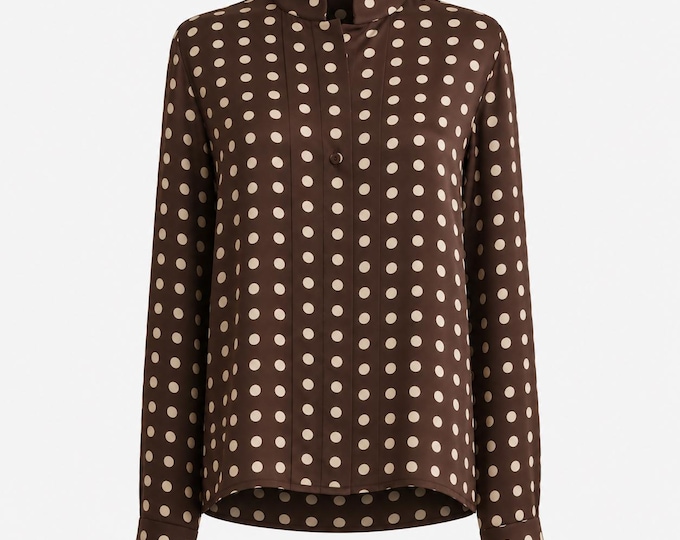 1980s Carlisle Blouse | Brown Polka Dot Silk Fabric | Size 8