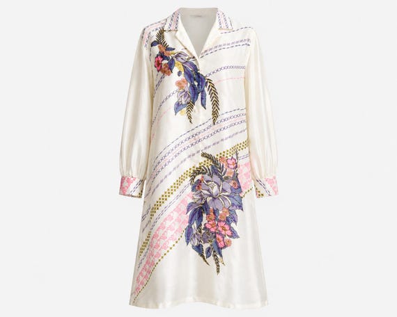 1970s Alfred Shaheen Shirt Dress | Signed Tropical Botanical Print with Sheer Overlay | Will Fit Small and Medium