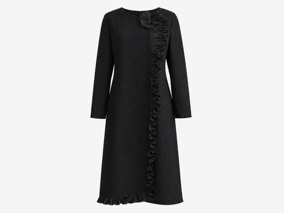 1960s Abe Schrader Little Black Dress | Silk Shantung and Satin Ribbon Detail | Size 14