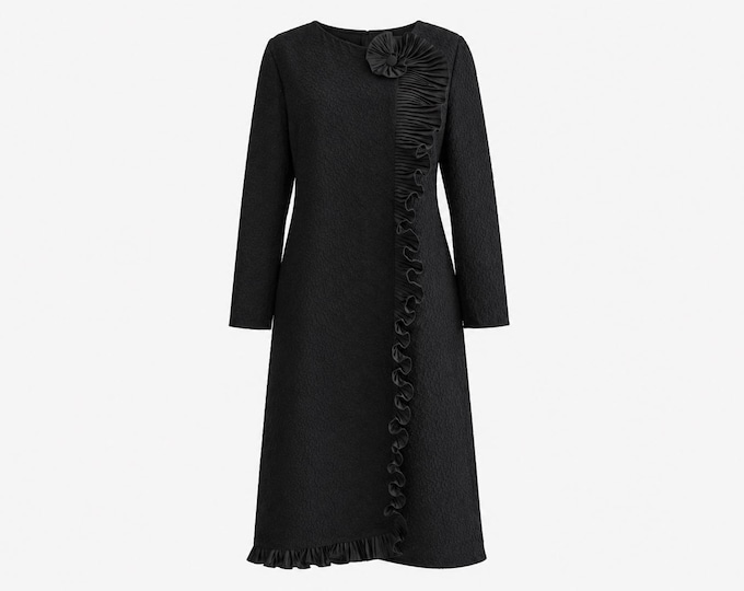 1960s Abe Schrader Little Black Dress | Silk Shantung and Satin Ribbon Detail | Size 14