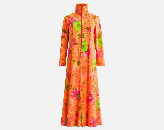1960s Maxi Dress | Orange, Pink and Green Floral Fabric | Will Fir Size Petite - Medium