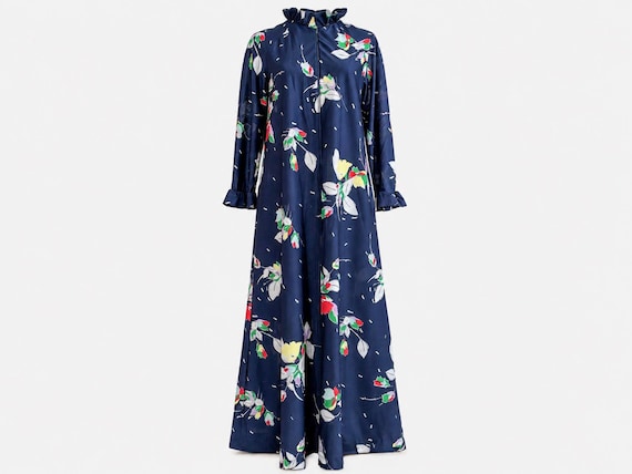 1970s David Brown Maxi Dress | Navy Floral with Cabbage Leaf Collar | Size Small