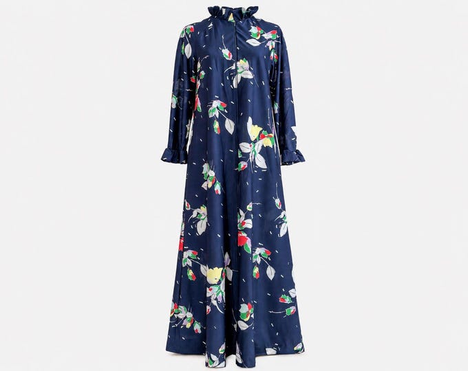 1970s David Brown Maxi Dress | Navy Floral with Cabbage Leaf Collar | Size Small