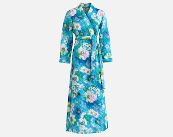 1960s Fifth Avenue Robes for Lord and Taylor Quilted Duster Robe | Blue Floral Pattern | Will Fit Size Small and Medium