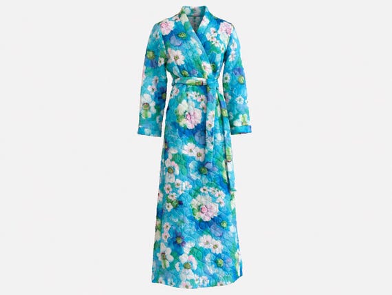 1960s Fifth Avenue Robes for Lord and Taylor Quilted Duster Robe | Blue Floral Pattern | Will Fit Size Small and Medium