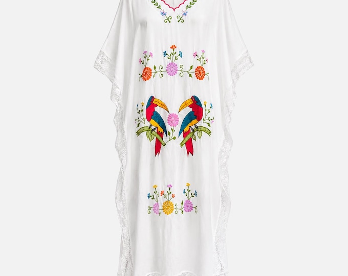 1970s Caftan | Cotton with Colorful Embroidered Parrots | OSFA